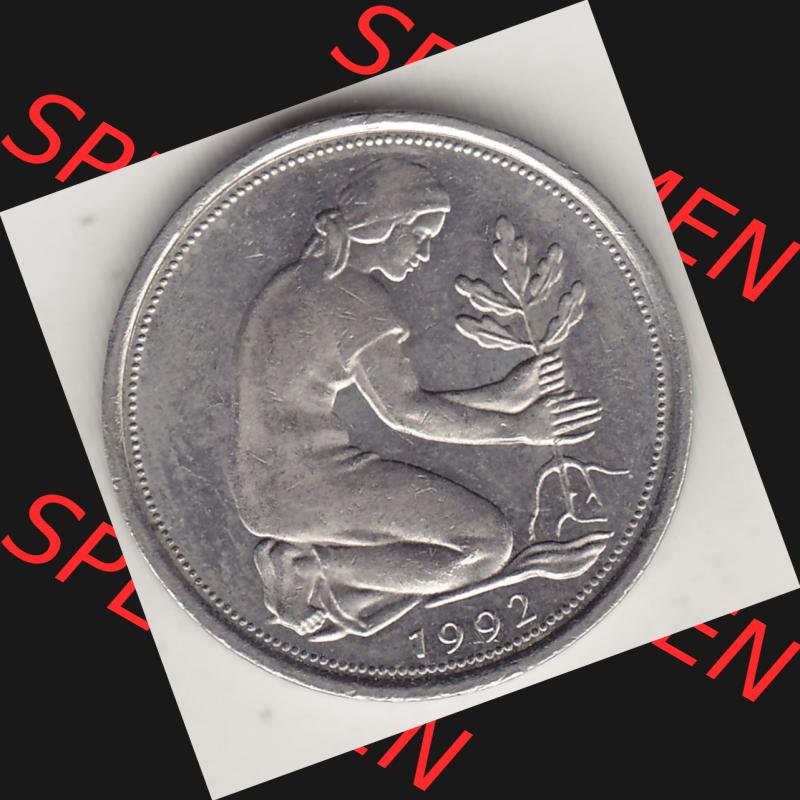 BRD Münzen 50 Pf. Umlaufmünze 1950-2001, 50 Pfennig 1992 J-1. Vorderseite der digitalisierte 50 Pfennig J, mit Mzz. J für Hamburg aus der Bundesrepublik... Sammlung