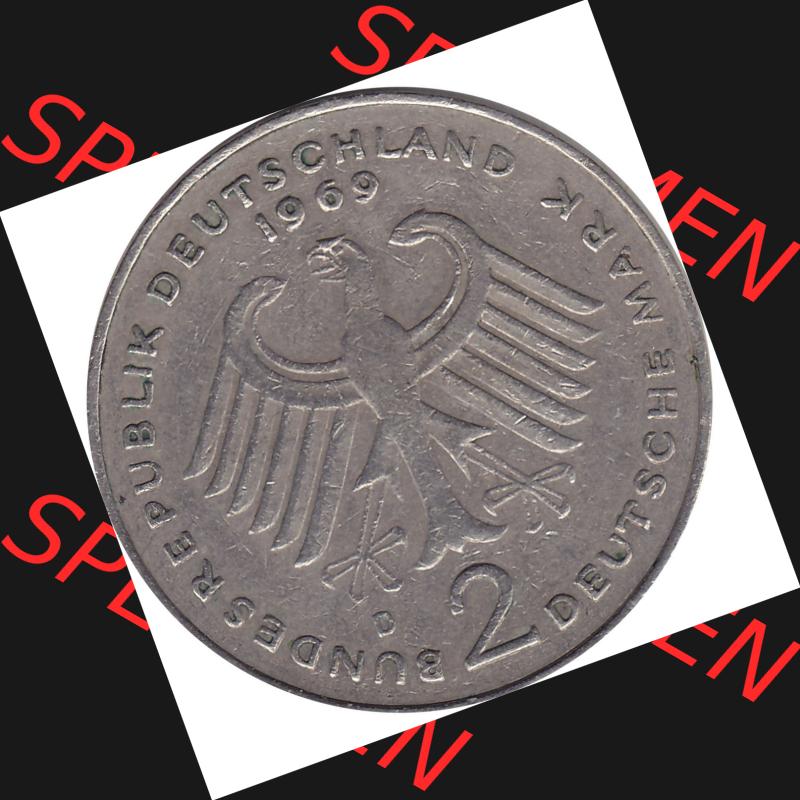 BRD Münzen 2 DM, Gedenkmünze 1969-1987, 2 DM, Deutsche Mark Münze mit Konrad Adenauer aus Deutschland 1969 D-1. Vorderseite einer Deutschen Münze der BRD,... Sammlung