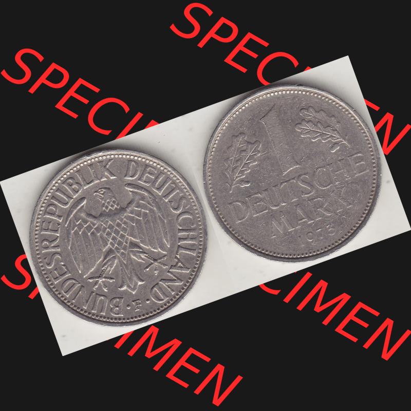 BRD Münzen 1 Deutsche Mark, Umlaufmünze 1950-2001, 1 DM Deutsche Mark, 1973 F-1. Münzen-Rückseite und Münzen-Vorderseite als Vollansicht einer 1 DM,... Sammlung