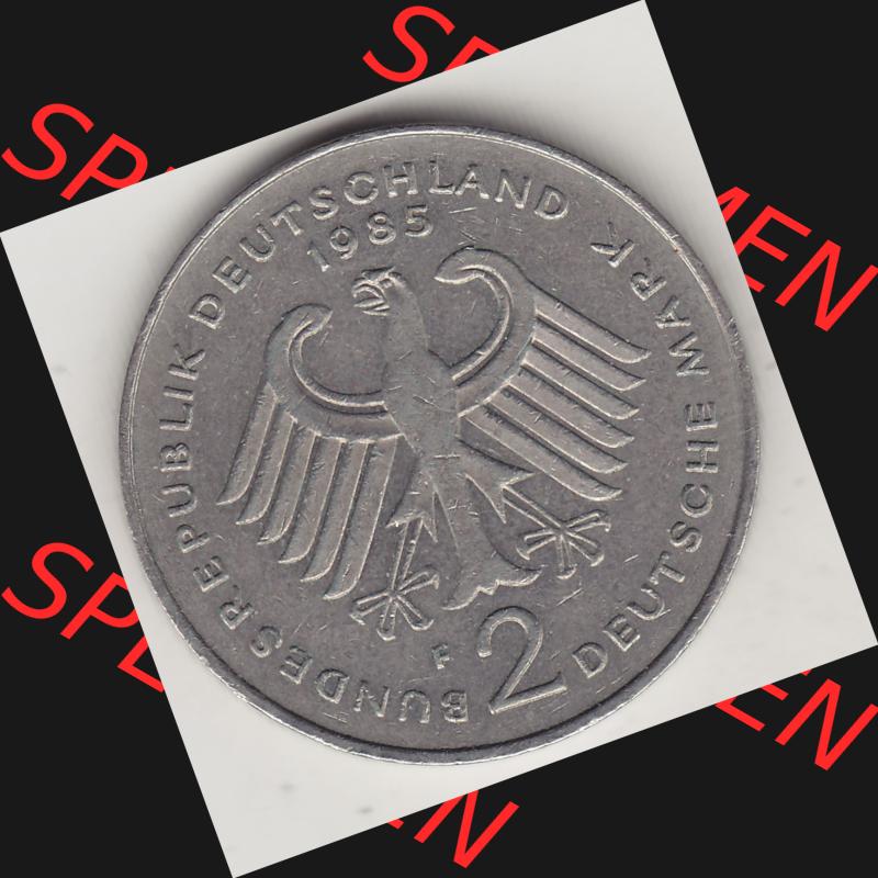 BRD Münzen 2 DM, Gedenkmünze 1969-1987, 2 DM, Deutsche Mark Konrad Adenauer 1985 F-1. Vorderseite einer 2 DM, 2 Deutsche Mark F Gedenkmünze, Mzz.... Sammlung