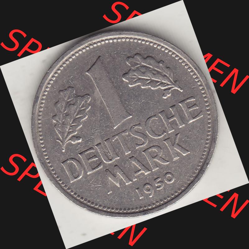BRD Münzen 1 Deutsche Mark, Umlaufmünze 1950-2001, 1 DM Deutsche Mark, 1950 G-3. Münzen-Rückseite mit Nennwert / Nominalwert / Wert-Zahl einer 1 DM,... Sammlung