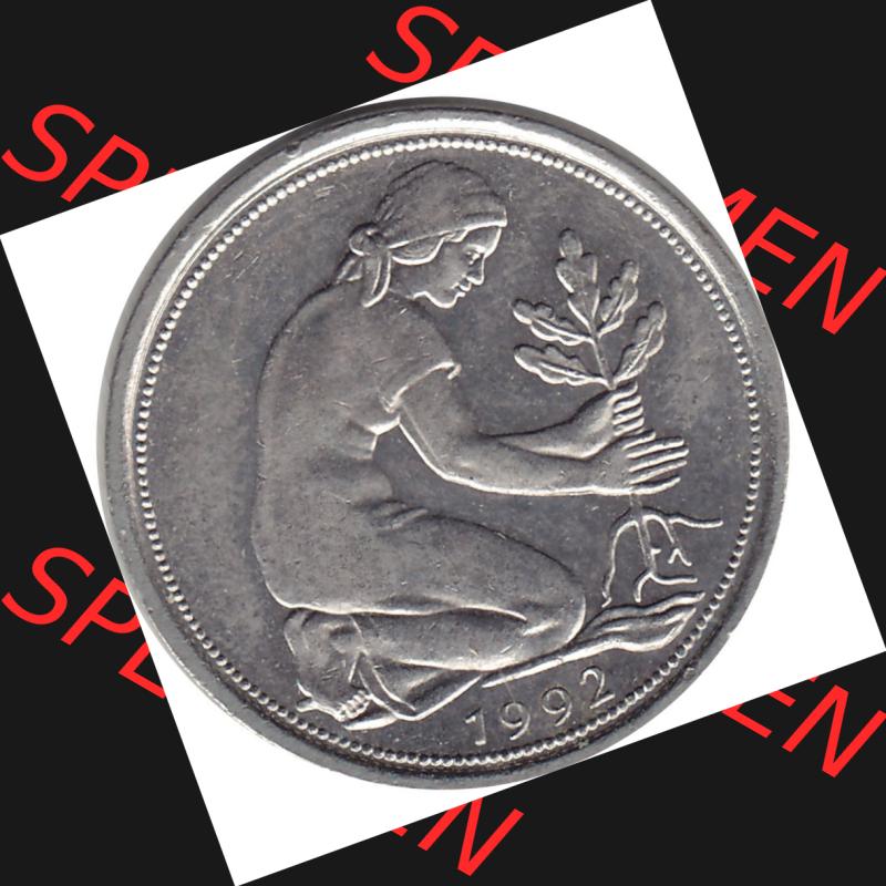 BRD Münzen 50 Pf. Umlaufmünze 1950-2001, 50 Pfennig BRD Deutschland 1992 München mit Mzz. D-1. Vorderseite mit 50-Pfennig Frau beim pflanzen eines Eichensetzling,... Sammlung