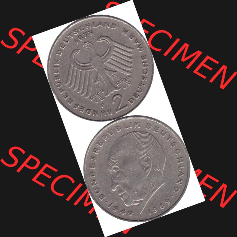 BRD Münzen 2 DM, Gedenkmünze 1969-1987, 2 DM, Deutsche Mark Münze mit Konrad Adenauer aus Deutschland 1973 F-1. Vorderseite und Rückseite mit Wert-Zahl eine... Sammlung