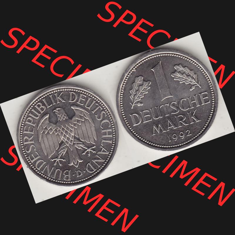BRD Münzen 1 Deutsche Mark, Umlaufmünze 1950-2001, 1 DM Deutsche Mark, 1992 D-1. Münzen-Rückseite und Münzen-Vorderseite als Vollansicht einer 1 DM,... Sammlung