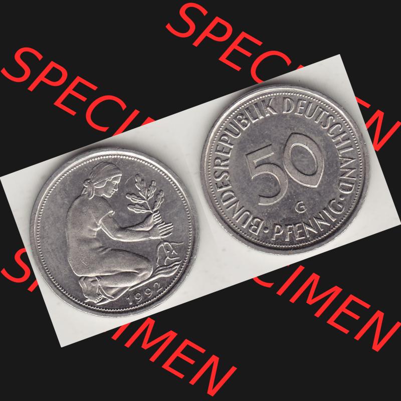 BRD Münzen 50 Pf. Umlaufmünze 1950-2001, 50 Pfennig 1992 G-1. Vorderseite und Rückseite mit Wert-Zahl auf einen Bild / Foto der digitalisierten 50 Pfennig G,... Sammlung