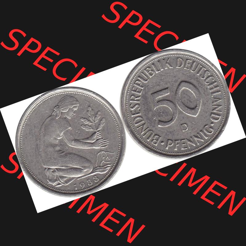 BRD Münzen 50 Pf. Umlaufmünze 1950-2001, 50 Pfennig BRD Deutschland 1988 München mit Mzz. D-1. Vorderseite und Rückseite mit Wert-Zahl einer 50 Pfennig Münze... Sammlung