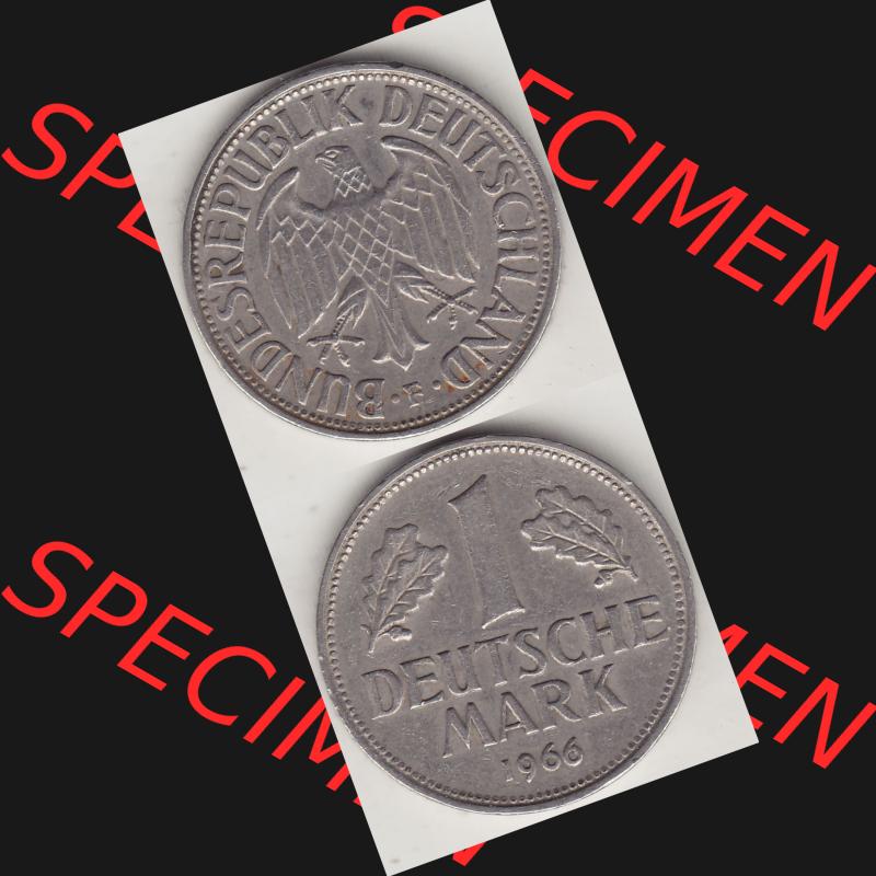 BRD Münzen 1 Deutsche Mark, Umlaufmünze 1950-2001, 1 DM Deutsche Mark, 1966 F-1. Münzen-Rückseite und Münzen-Vorderseite vertikal untereinander als Vollansicht... Sammlung