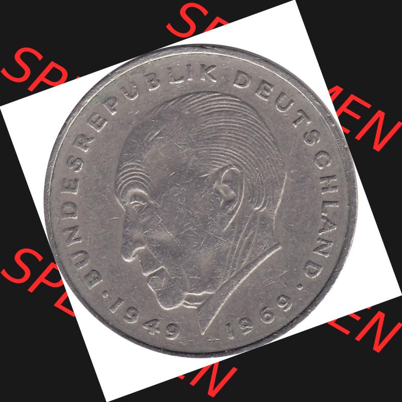 BRD Münzen 2 DM, Gedenkmünze 1969-1987, 2 DM, Deutsche Mark Münze mit Konrad Adenauer aus Deutschland 1971 F-1. Rückseite mit Wert-Zahl von 5 DM einer Deutschen... Sammlung