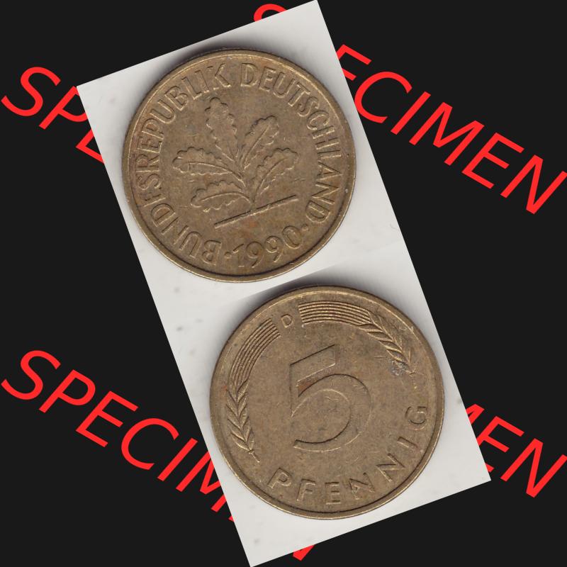 BRD Münzen 5 Pf., Umlaufmünze 1950-2001, 5 Pfennig, 1990 D-1. Vorderseite und Rückseite vertikal untereinander zusammen auf einen Bild / Foto für... Sammlung