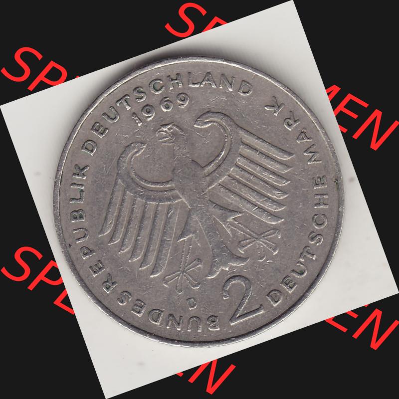 BRD Münzen 2 DM, Gedenkmünze 1969-1987, 2 DM, Deutsche Mark Konrad Adenauer 1969 D-1. Vorderseite einer 2 DM, 2 Deutsche Mark D Gedenkmünze, Mzz.... Sammlung
