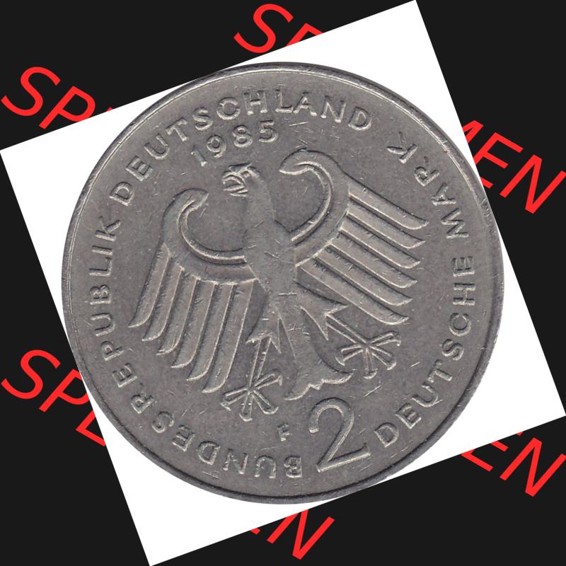 BRD Münzen 2 DM, Gedenkmünze 1969-1987, 2 DM, Deutsche Mark Münze mit Konrad Adenauer aus Deutschland 1985 F-1. Vorderseite einer Deutschen Münze der BRD,... Sammlung
