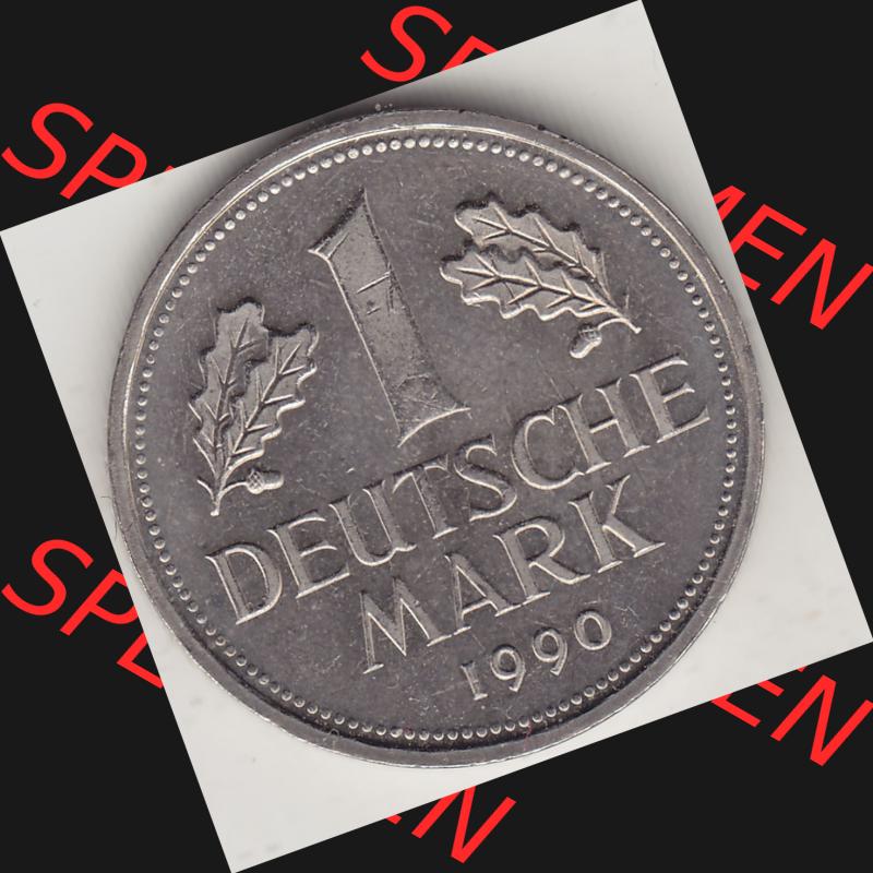 BRD Münzen 1 Deutsche Mark, Umlaufmünze 1990-2001, 1 Deutsche Mark 1990 A-2. Münzen-Rückseite mit Nennwert / Nominalwert / Wert-Zahl einer 1 DM, 1 Deutsche... Sammlung