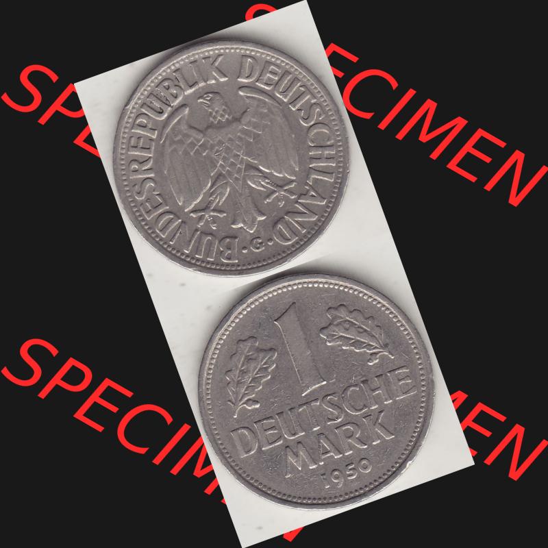 BRD Münzen 1 Deutsche Mark, Umlaufmünze 1950-2001, 1 DM Deutsche Mark, 1950 G-1. Münzen-Rückseite und Münzen-Vorderseite vertikal untereinander als Vollansicht... Sammlung