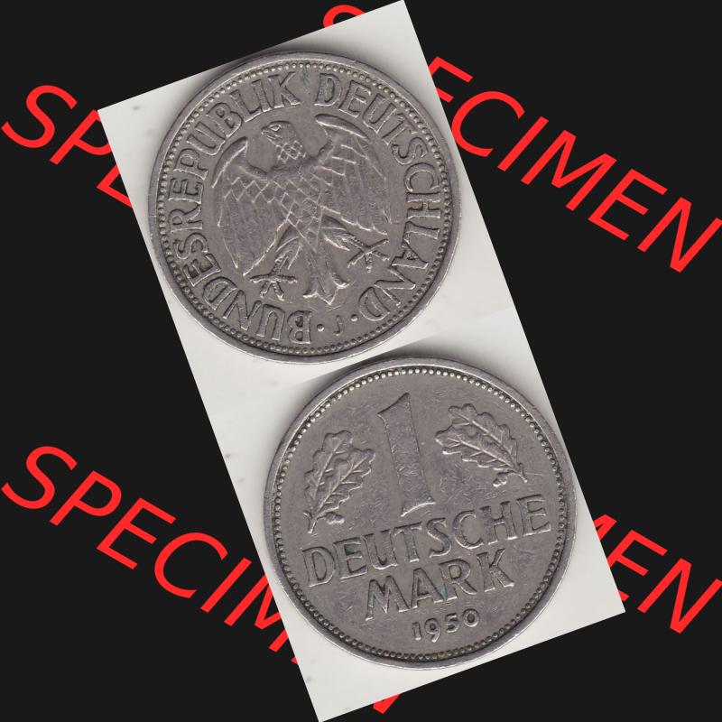 BRD Münzen 1 Deutsche Mark, Umlaufmünze 1950-2001, 1 DM Deutsche Mark, 1950 J-6. Münzen-Rückseite und Münzen-Vorderseite vertikal untereinander als Vollansicht... Sammlung