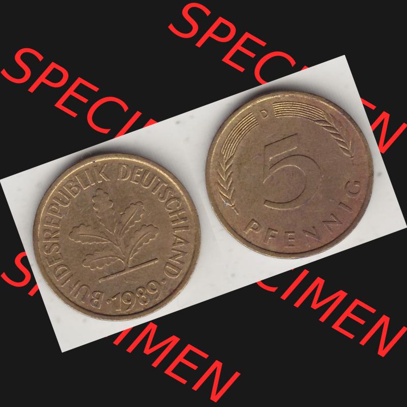 BRD Münzen 5 Pf., Umlaufmünze 1950-2001, 5 Pfennig, 1989 D-1. Vorderseite und Rückseite zusammen auf einen Bild / Foto für Desktop-Computer einer... Sammlung
