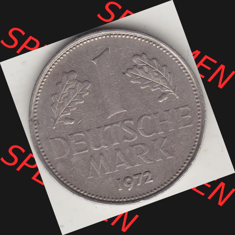 BRD Münzen 1 Deutsche Mark, Umlaufmünze 1950-2001, 1 DM Deutsche Mark, 1972 G-3. Münzen-Rückseite mit Nennwert / Nominalwert / Wert-Zahl einer 1 DM,... Sammlung