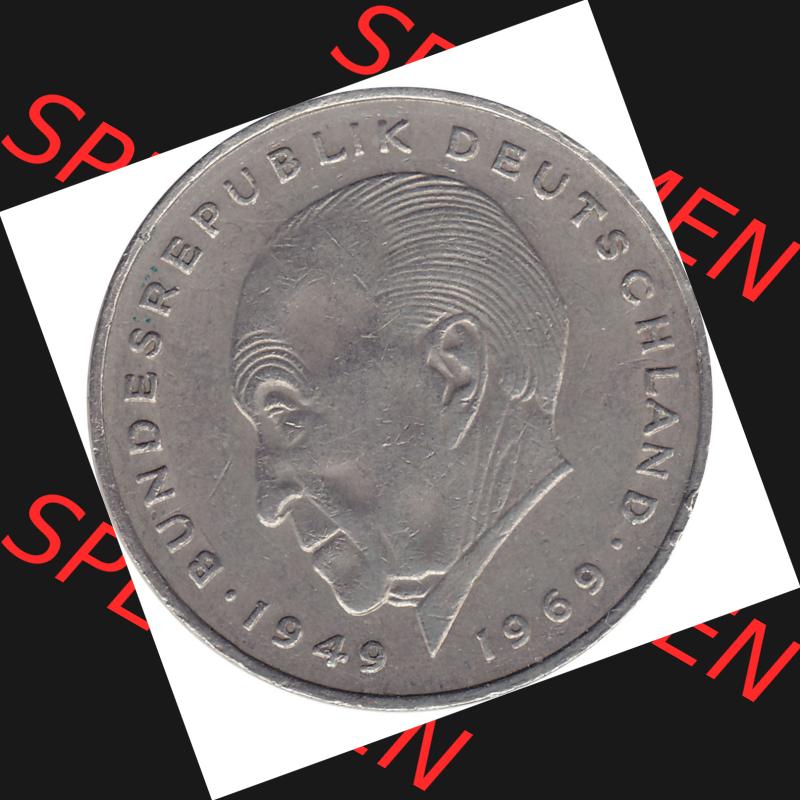 BRD Münzen 2 DM, Gedenkmünze 1969-1987, 2 DM, Deutsche Mark Münze mit Konrad Adenauer aus Deutschland 1975 F-1. Rückseite mit Wert-Zahl von 5 DM einer Deutschen... Sammlung