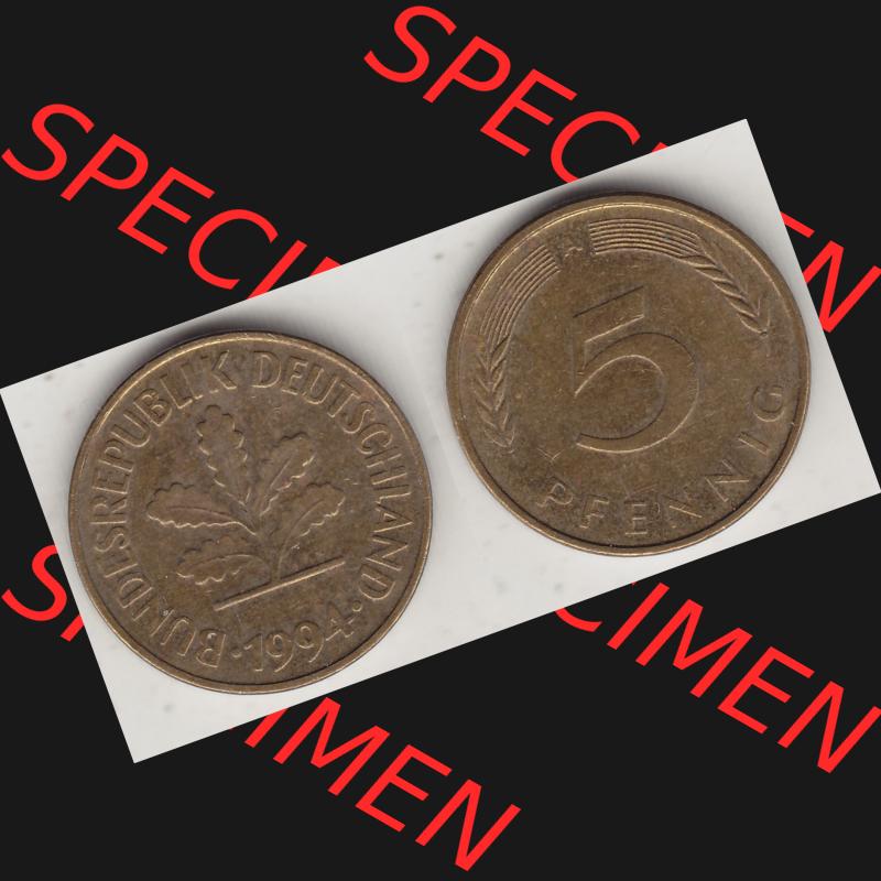 BRD Münzen 5 Pf., Umlaufmünze 1990-2001, 5 Pfennig, 1994 A-1. Vorderseite und Rückseite zusammen auf einen Bild / Foto für Desktop-Computer einer... Sammlung