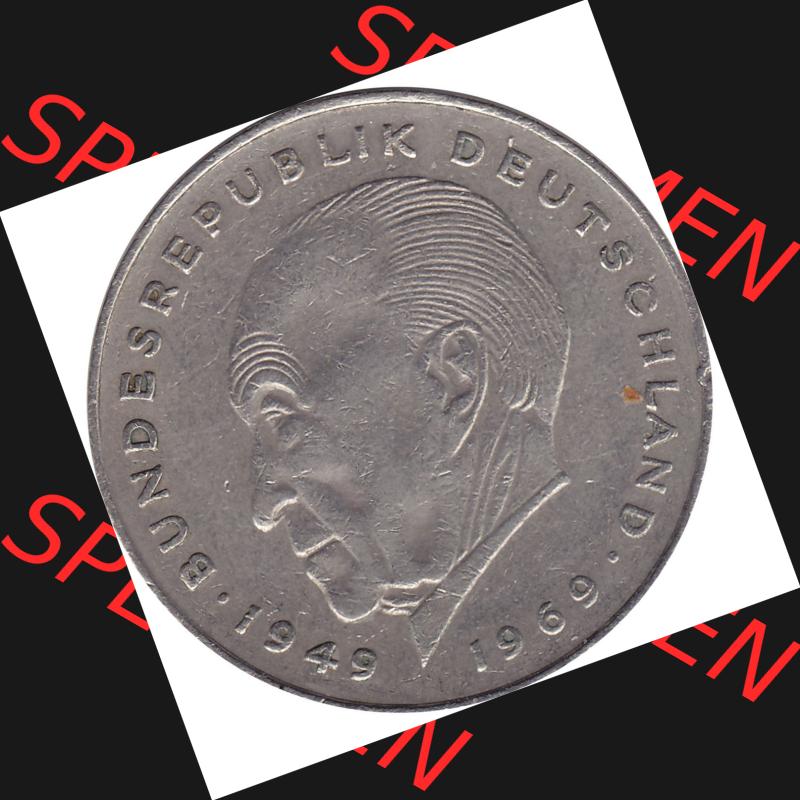 BRD Münzen 2 DM, Gedenkmünze 1969-1987, 2 DM, Deutsche Mark Münze mit Konrad Adenauer aus Deutschland 1969 D-1. Rückseite mit Wert-Zahl von 5 DM einer Deutschen... Sammlung