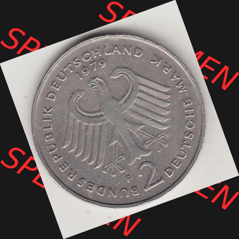 BRD Münzen 2 DM, Gedenkmünze 1969-1987, 2 DM, Deutsche Mark Konrad Adenauer 1979 F-1. Vorderseite einer 2 DM, 2 Deutsche Mark F Gedenkmünze, Mzz.... Sammlung
