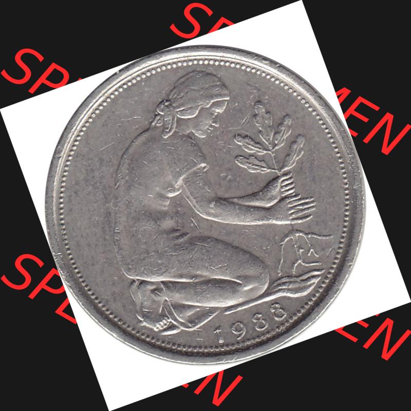 BRD Münzen 50 Pf. Umlaufmünze 1950-2001, 50 Pfennig BRD Deutschland 1988 München mit Mzz. D-1. Vorderseite mit 50-Pfennig Frau beim pflanzen eines Eichensetzling,... Sammlung