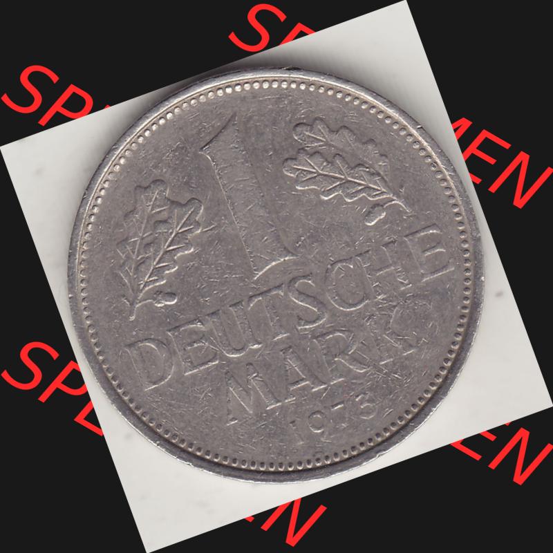 BRD Münzen 1 Deutsche Mark, Umlaufmünze 1950-2001, 1 DM Deutsche Mark, 1973 F-1. Münzen-Rückseite mit Nennwert / Nominalwert / Wert-Zahl einer 1 DM,... Sammlung
