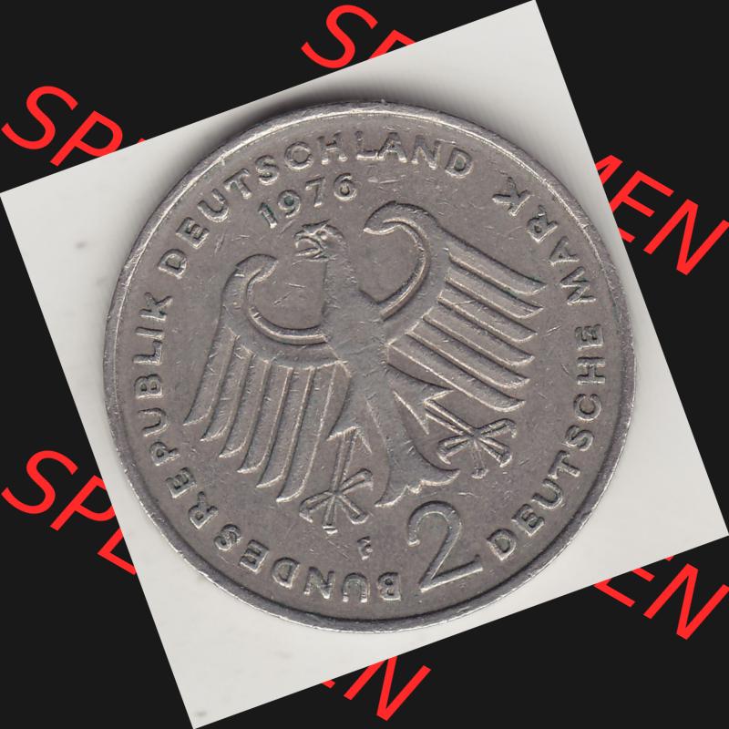 BRD Münzen 2 DM, Gedenkmünze 1969-1987, 2 DM, Deutsche Mark Konrad Adenauer 1976 F-1. Vorderseite einer 2 DM, 2 Deutsche Mark F Gedenkmünze, Mzz.... Sammlung