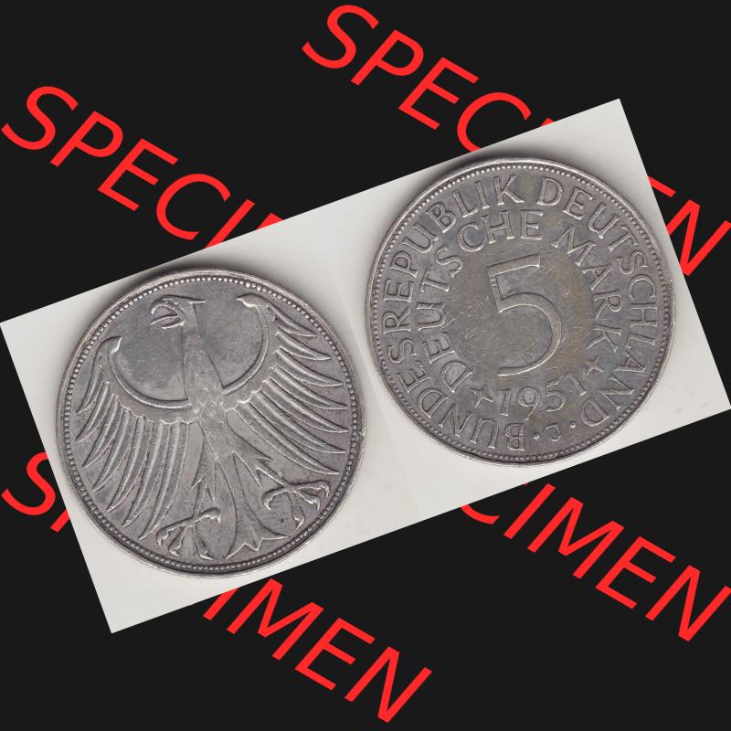 BRD Münzen Silbermünze 1951-1974, 5 DM, 5 Deutsche Mark Silberadler, Heiermann 1951 J-1. Vorderseite und Rückseite auf einen Bild/Foto mit Wert-Zahl von 5 Deutsche... Sammlung