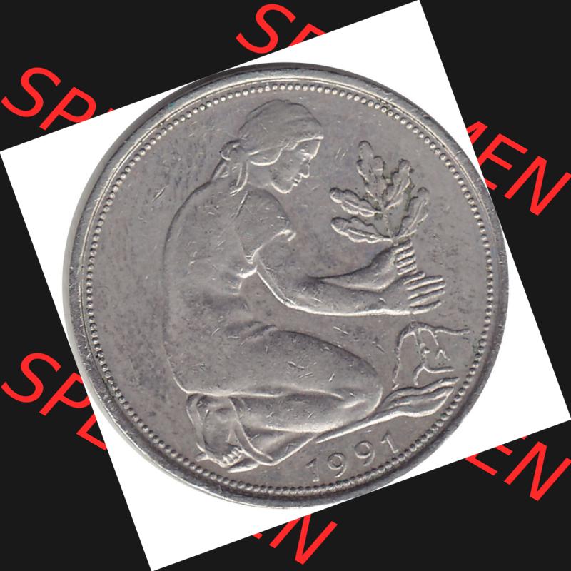 BRD Münzen 50 Pf. Umlaufmünze 1950-2001, 50 Pfennig BRD Deutschland 1991 München mit Mzz. D-1. Vorderseite mit 50-Pfennig Frau beim pflanzen eines Eichensetzling,... Sammlung