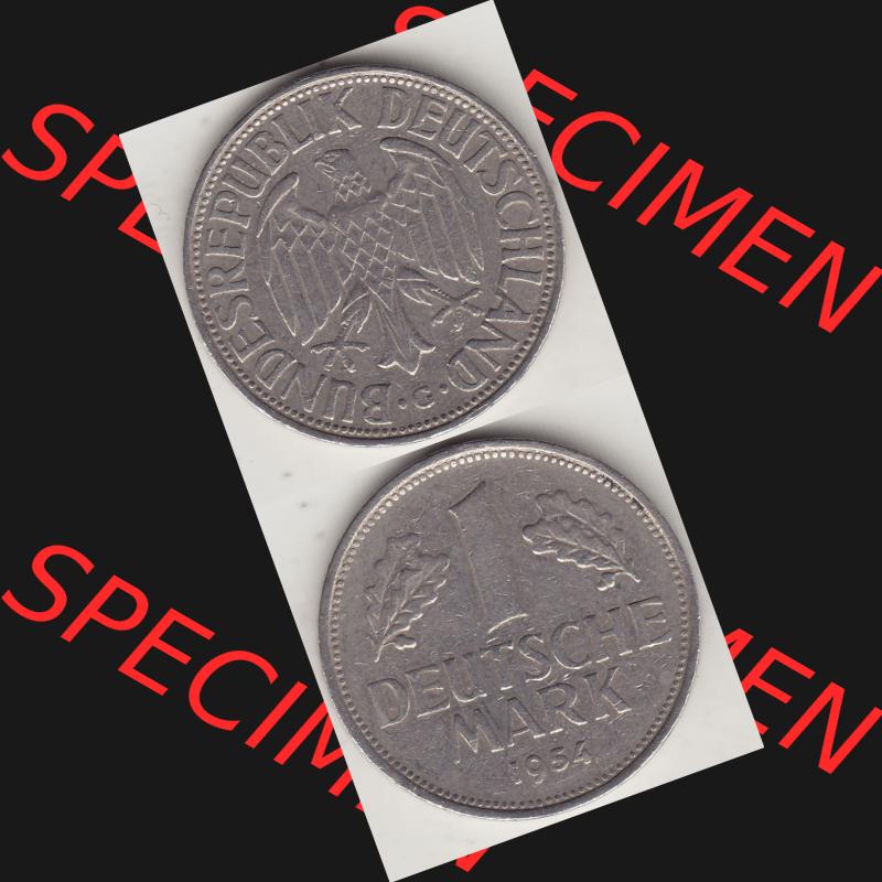 BRD Münzen 1 Deutsche Mark, Umlaufmünze 1950-2001, 1 DM Deutsche Mark, 1954 G-2. Münzen-Rückseite und Münzen-Vorderseite vertikal untereinander als Vollansicht... Sammlung