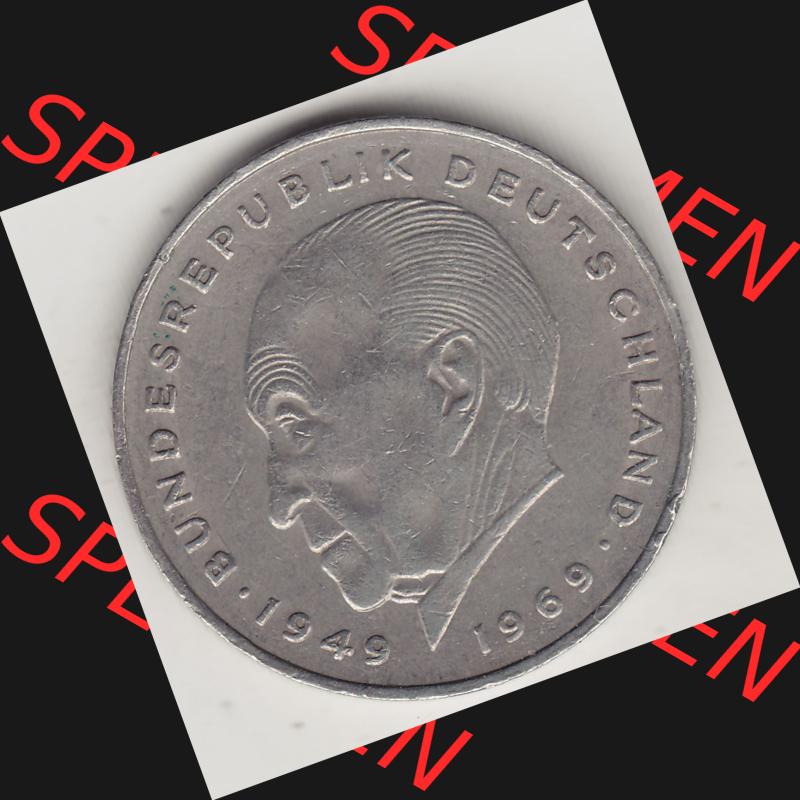 BRD Münzen 2 DM, Gedenkmünze 1969-1987, 2 DM, Deutsche Mark Konrad Adenauer 1975 F-1. Rückseite einer 2 DM, 2 Deutsche Mark F Gedenkmünze, Mzz.... Sammlung