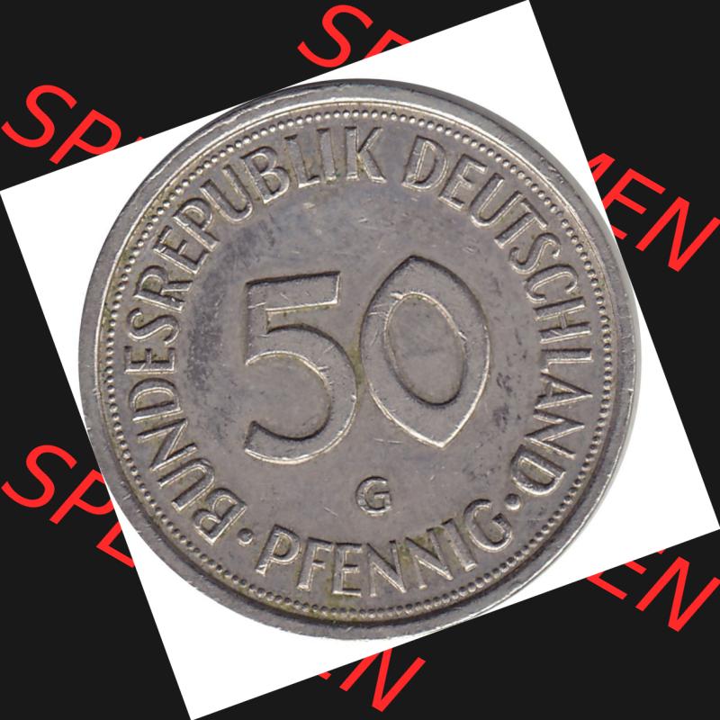 BRD Münzen 50 Pf. Umlaufmünze 1950-2001, 50 Pfennig BRD Deutschland 1993 G-1. Rückseite mit Wert-Zahl einer 50 Pfennig Münze einer DM - Deutschen Mark Münze... Sammlung