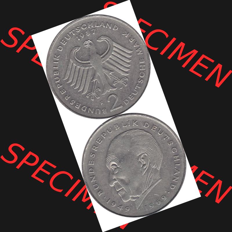 BRD Münzen 2 DM, Gedenkmünze 1969-1987, 2 DM, Deutsche Mark Münze mit Konrad Adenauer aus Deutschland 1987 F-1. Vorderseite und Rückseite mit Wert-Zahl eine... Sammlung