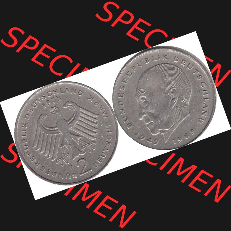 BRD Münzen 2 DM, Gedenkmünze 1969-1987, 2 DM, Deutsche Mark Münze mit Konrad Adenauer aus Deutschland 1978 F-1. Vorderseite und Rückseite mit Wert-Zahl einer... Sammlung