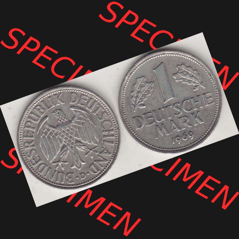 BRD Münzen 1 Deutsche Mark, Umlaufmünze 1950-2001, 1 DM Deutsche Mark, 1969 D-1. Münzen-Rückseite und Münzen-Vorderseite als Vollansicht einer 1 DM,... Sammlung
