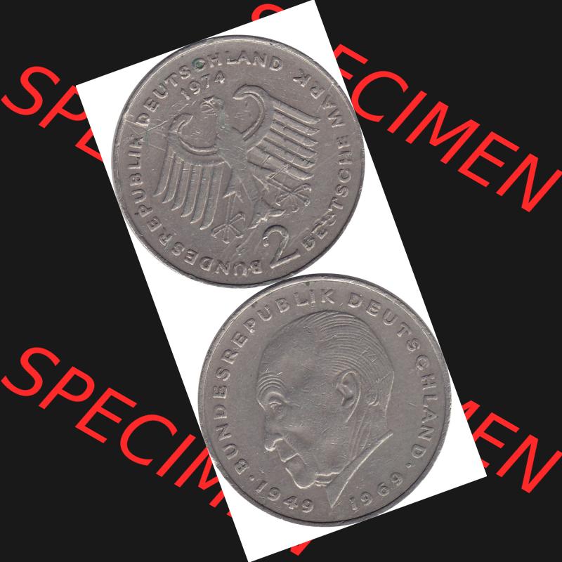 BRD Münzen 2 DM, Gedenkmünze 1969-1987, 2 DM, Deutsche Mark Münze mit Konrad Adenauer aus Deutschland 1974 F-1. Vorderseite und Rückseite mit Wert-Zahl eine... Sammlung