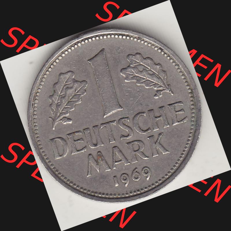 BRD Münzen 1 Deutsche Mark, Umlaufmünze 1950-2001, 1 DM Deutsche Mark, 1969 J-1. Münzen-Rückseite mit Nennwert / Nominalwert / Wert-Zahl einer 1 DM,... Sammlung