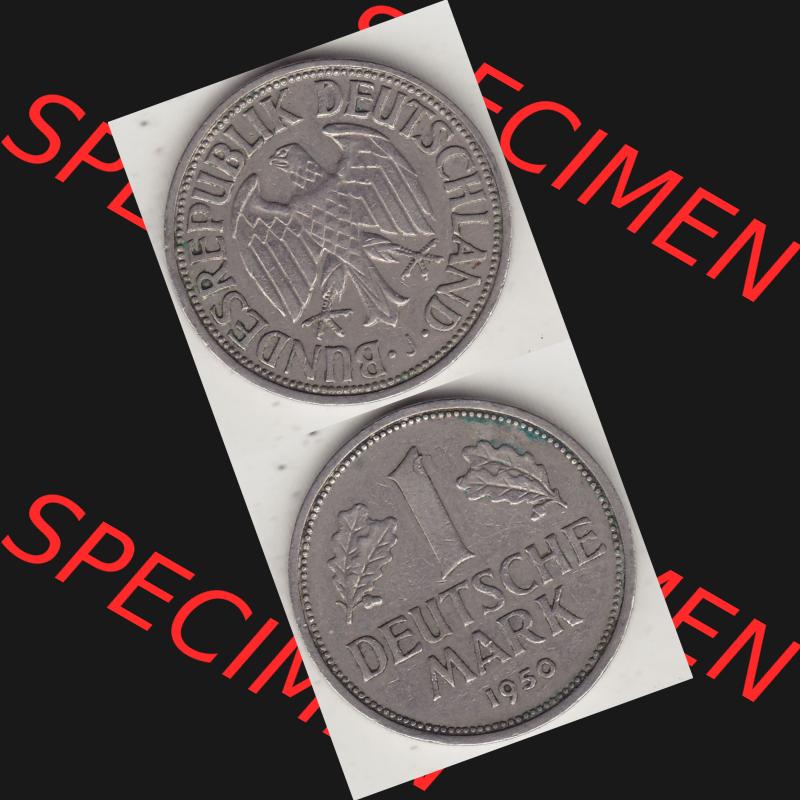 BRD Münzen 1 DM, Umlaufmünze 1950-2001, 1 DM Deutsche Mark, 1950 J-3. Münzen-Rückseite und Münzen-Vorderseite vertikal untereinander als Vollansicht für... Sammlung