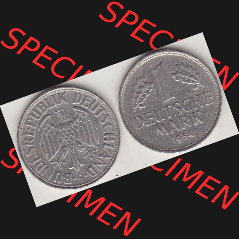 BRD Münzen 1 Deutsche Mark, Umlaufmünze 1950-2001, 1 DM Deutsche Mark, 1954 G-1. Münzen-Rückseite und Münzen-Vorderseite als Vollansicht einer 1 DM,... Sammlung