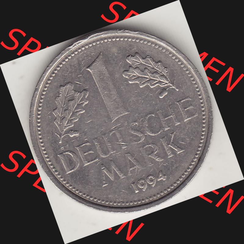 BRD Münzen 1 Deutsche Mark, Umlaufmünze 1950-2001, 1 DM Deutsche Mark, 1994 F-1. Münzen-Rückseite mit Nennwert / Nominalwert / Wert-Zahl einer 1 DM,... Sammlung