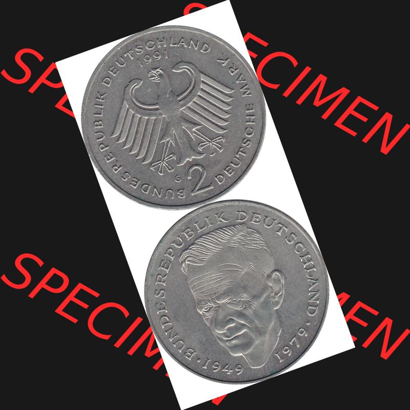 BRD Münzen 2 DM, Gedenkmünze 1979-1993, 2 DM, Deutsche Mark Kurt Schumacher Deutschland 1991 G-1. Vorderseite und Rückseite mit Wert-Zahl eine 2 DM - Zwei Deutsche... Sammlung
