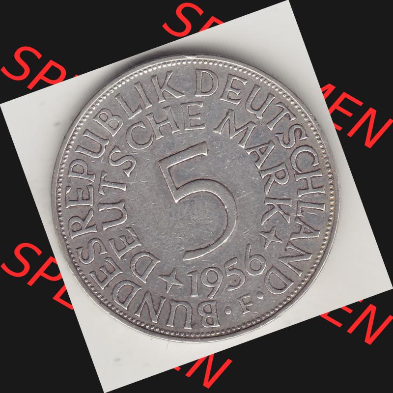 BRD Münzen Silbermünze 1951-1974, 5 DM, 5 Deutsche Mark Silberadler, Heiermann 1956 F-1. Rückseite auf einen Bild/Foto mit Wert-Zahl von 5 Deutsche Mark einer... Sammlung