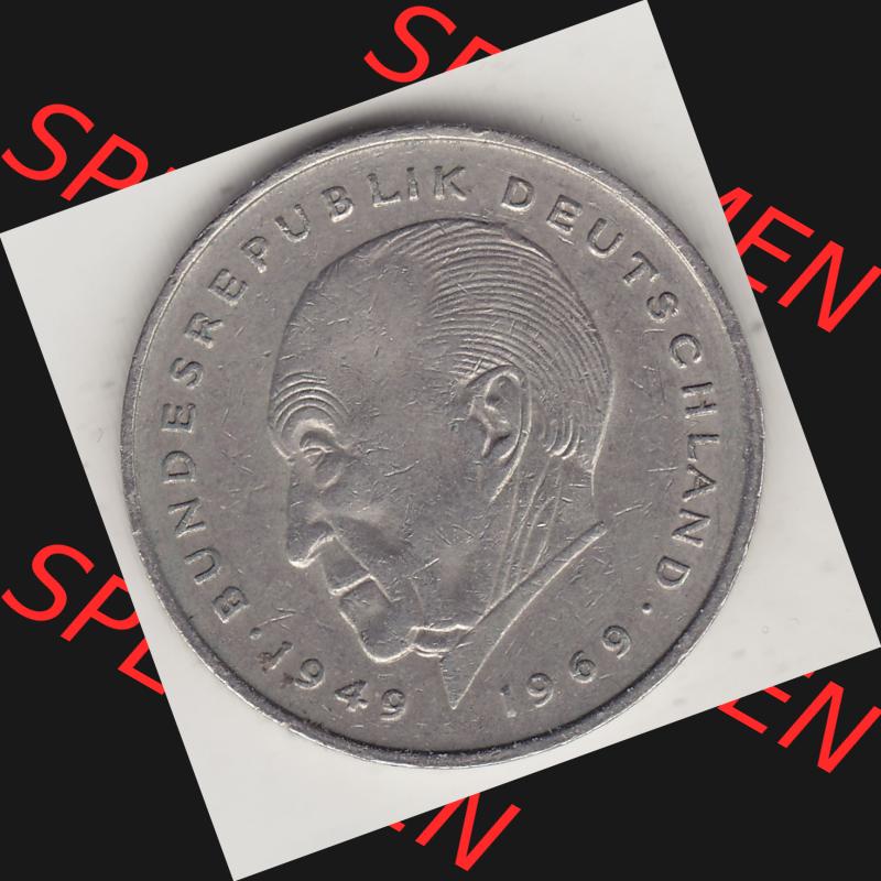 BRD Münzen 2 DM, Gedenkmünze 1969-1987, 2 DM, Deutsche Mark Konrad Adenauer 1978 F-1. Rückseite einer 2 DM, 2 Deutsche Mark F Gedenkmünze, Mzz.... Sammlung