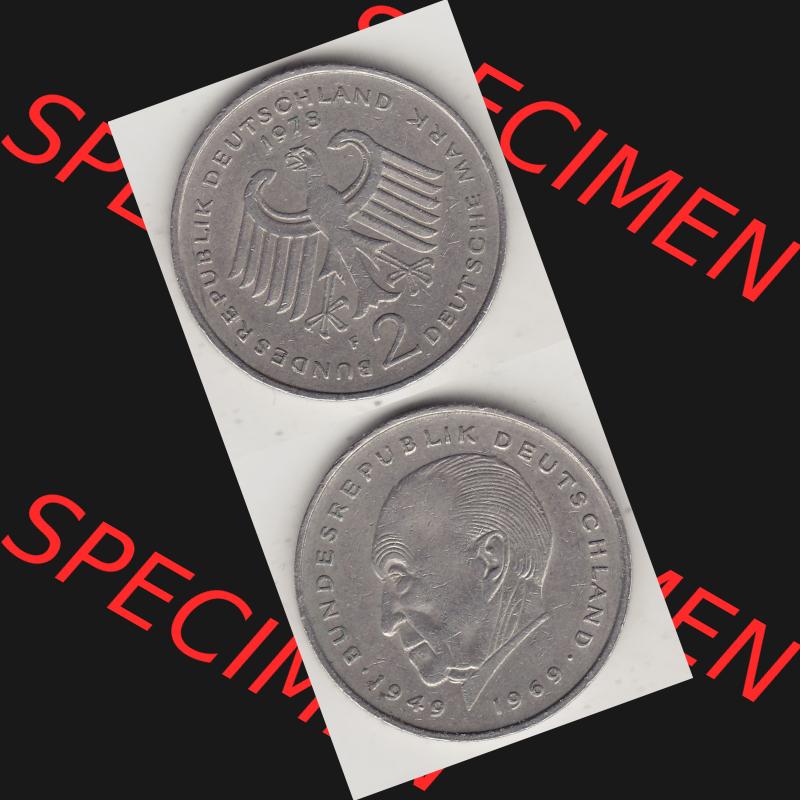 BRD Münzen 2 DM, Gedenkmünze 1969-1987, 2 DM, Deutsche Mark Konrad Adenauer 1978 F-1. Vorderseite und Rückseite einer Münze auf einen Bild / Foto,... Sammlung