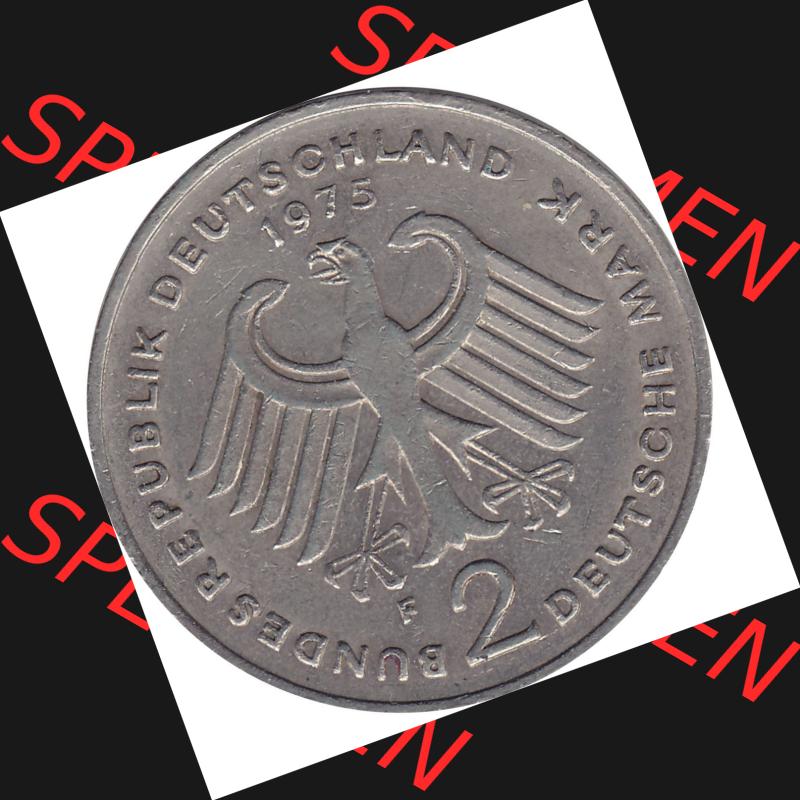 BRD Münzen 2 DM, Gedenkmünze 1969-1987, 2 DM, Deutsche Mark Münze mit Konrad Adenauer aus Deutschland 1975 F-1. Vorderseite einer Deutschen Münze der BRD,... Sammlung