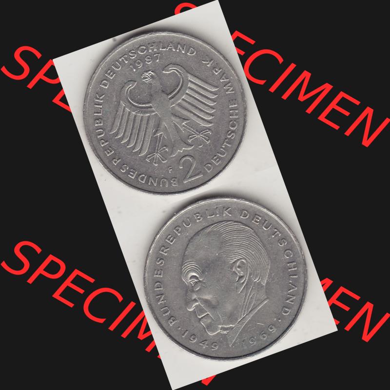 BRD Münzen 2 DM, Gedenkmünze 1969-1987, 2 DM, Deutsche Mark Konrad Adenauer 1987 F-1. Vorderseite und Rückseite einer Münze auf einen Bild / Foto,... Sammlung