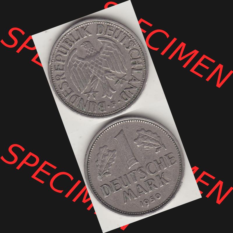 BRD Münzen 1 Deutsche Mark, Umlaufmünze 1950-2001, 1 DM Deutsche Mark, 1950 F-5. Münzen-Rückseite und Münzen-Vorderseite vertikal untereinander als Vollansicht... Sammlung
