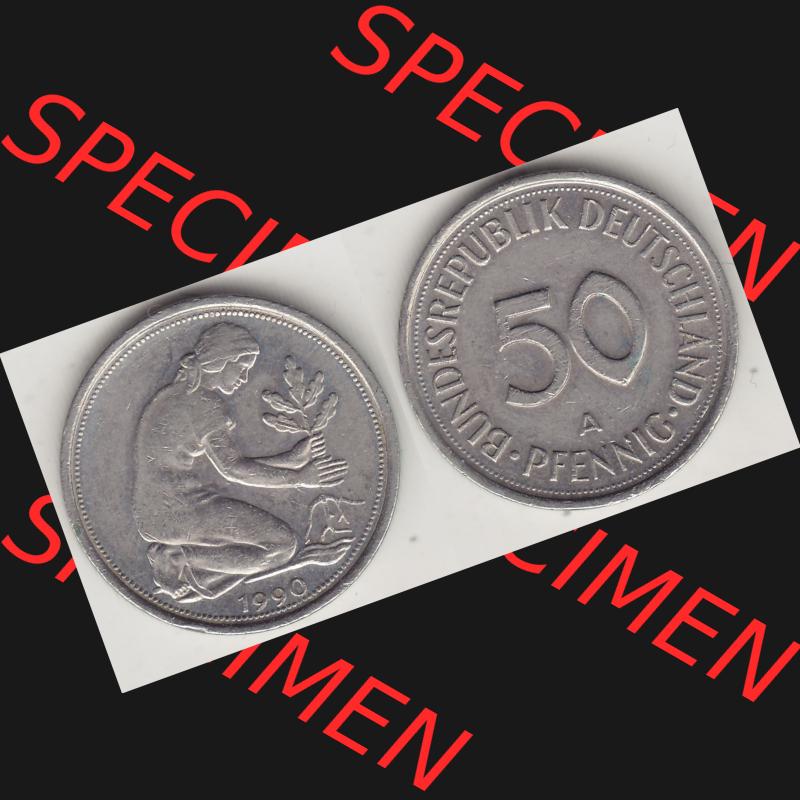 BRD Münzen 50 Pf. Umlaufmünze 1990-2001, 50 Pfennig BRD Deutschland 1990 A-1. Vorderseite und Rückseite mit Wert-Zahl auf einen Bild / Foto der digitalisierten 50... Sammlung