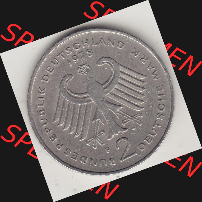 BRD Münzen 2 DM, Gedenkmünze 1969-1987, 2 DM, Deutsche Mark Konrad Adenauer 1978 F-1. Vorderseite einer 2 DM, 2 Deutsche Mark F Gedenkmünze, Mzz.... Sammlung