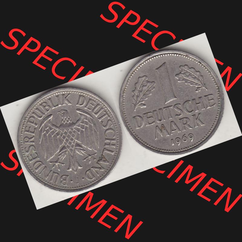 BRD Münzen 1 Deutsche Mark, Umlaufmünze 1950-2001, 1 DM Deutsche Mark, 1969 J-1. Münzen-Rückseite und Münzen-Vorderseite als Vollansicht einer 1 DM,... Sammlung
